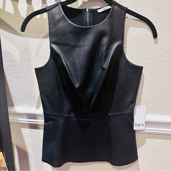 Bar III Sleek Faux Leather Sleeveless Peplum Top, Zipper Back XS, NWT - Picture 3 of 7